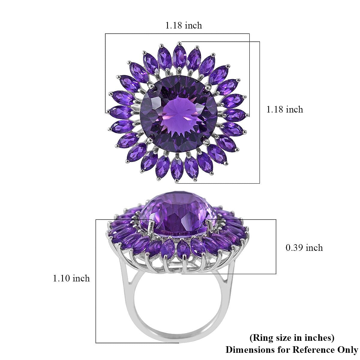 120 Facets African Amethyst Sunflower Ring in Platinum Over Sterling Silver (Size 6.0) 13.50 ctw image number 4