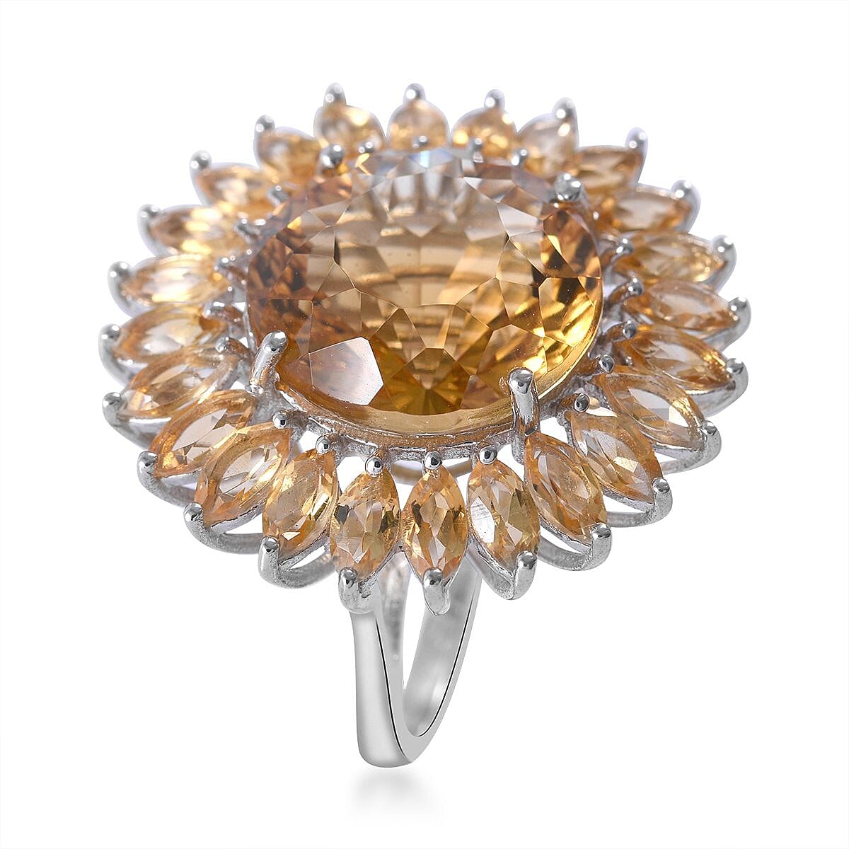 120 Facets Brazilian Citrine Sunflower Ring in Platinum Over Sterling Silver (Size 8.0) 13.90 ctw image number 2