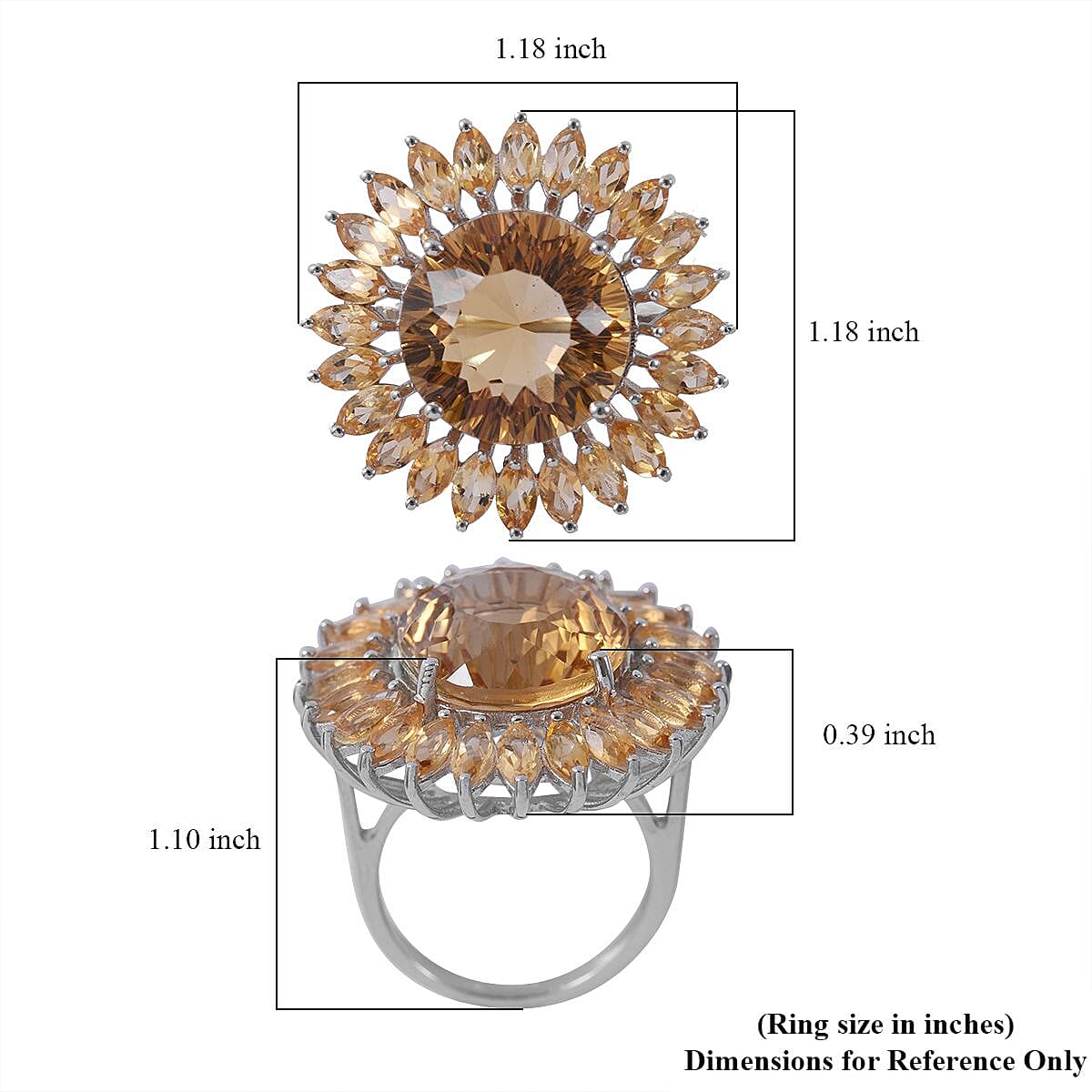 120 Facets Brazilian Citrine Sunflower Ring in Platinum Over Sterling Silver (Size 9.0) 13.90 ctw image number 4