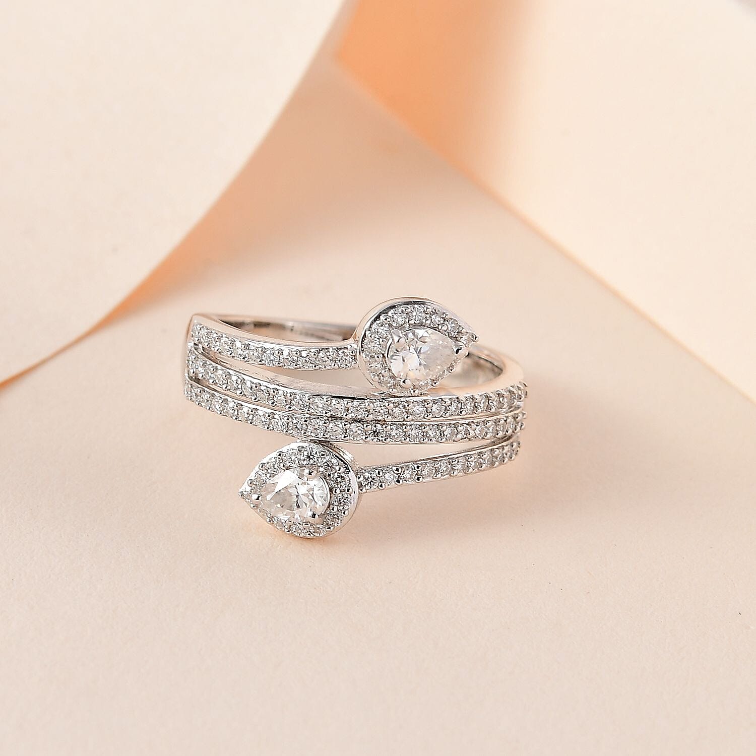 Moissanite 3 Row Snake Inspired Bypass Ring in Platinum Over Sterling Silver (Size 6.0) 2.35 ctw