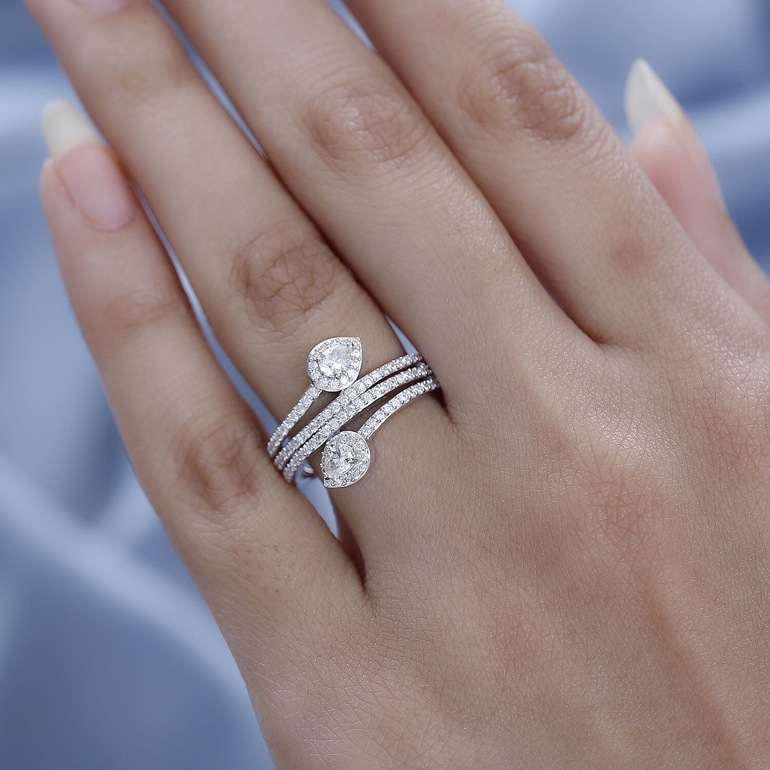 Moissanite 3 Row Snake Inspired Bypass Ring in Platinum Over Sterling Silver (Size 6.0) 2.35 ctw