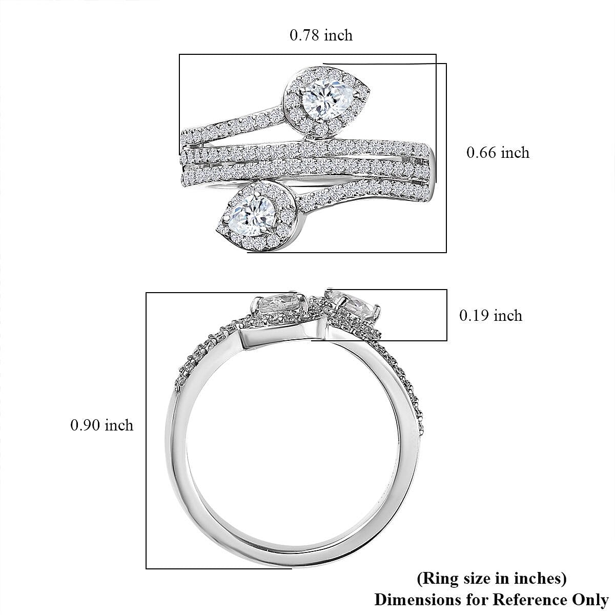 Moissanite 3 Row Snake Inspired Bypass Ring in Platinum Over Sterling Silver (Size 6.0) 2.35 ctw