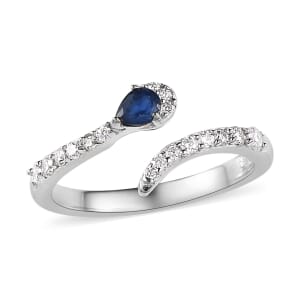 Kanchanaburi Blue Sapphire and Moissanite Bypass Snake Open Band Ring in Platinum Over Sterling Silver (Size 6.0) 0.40 ctw