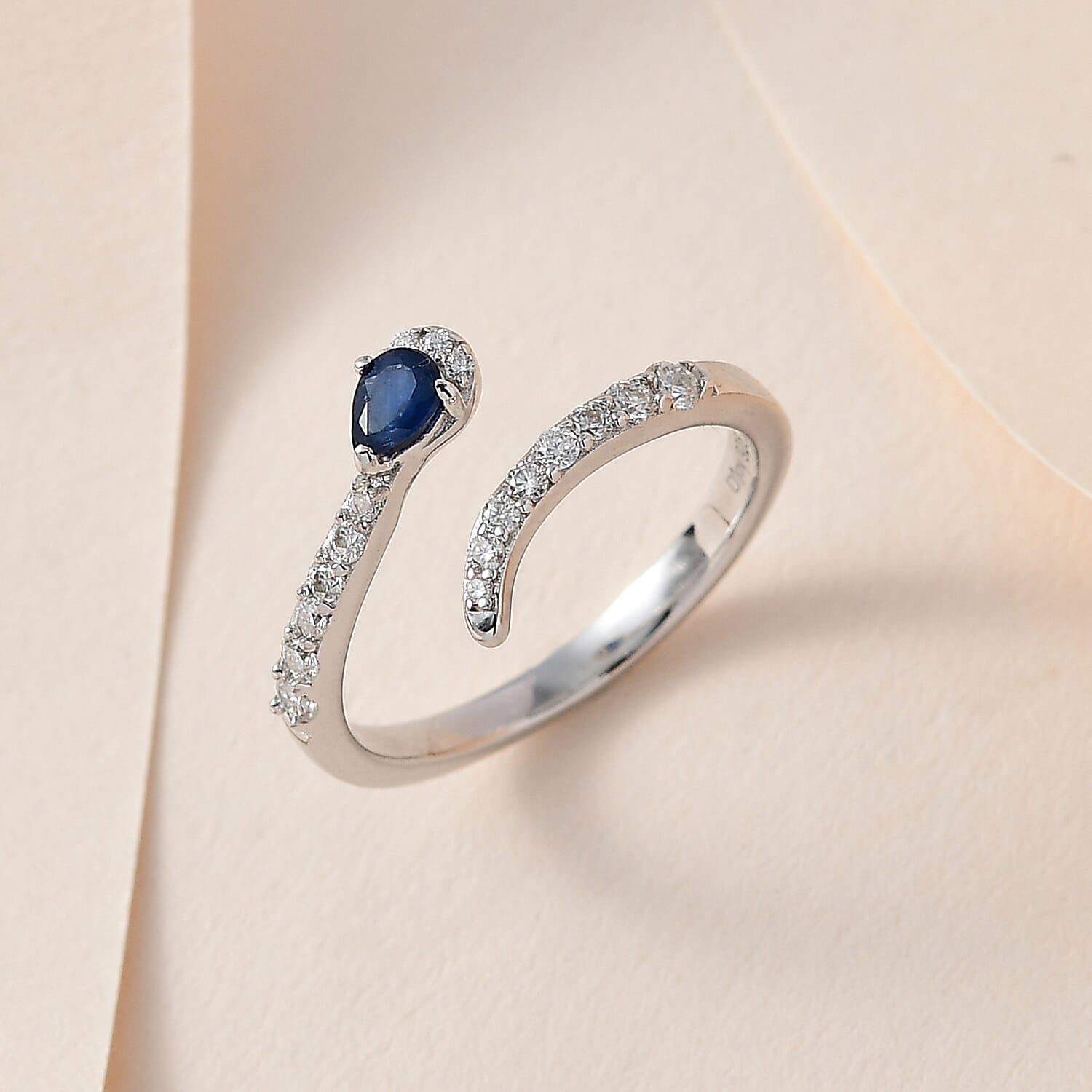 Kanchanaburi Blue Sapphire and Moissanite Bypass Snake Open Band Ring in Platinum Over Sterling Silver (Size 6.0) 0.40 ctw