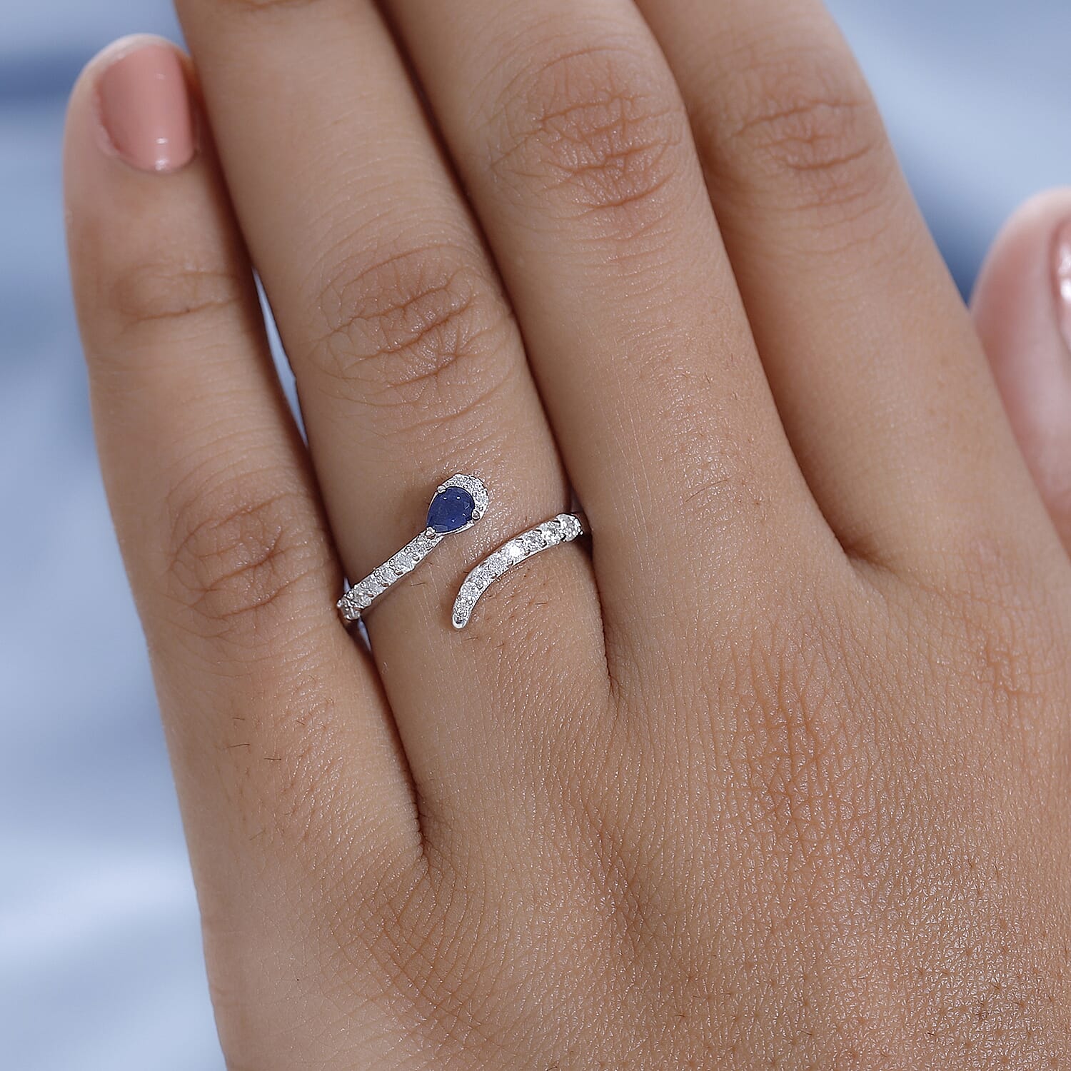 Kanchanaburi Blue Sapphire and Moissanite Bypass Snake Open Band Ring in Platinum Over Sterling Silver (Size 6.0) 0.40 ctw