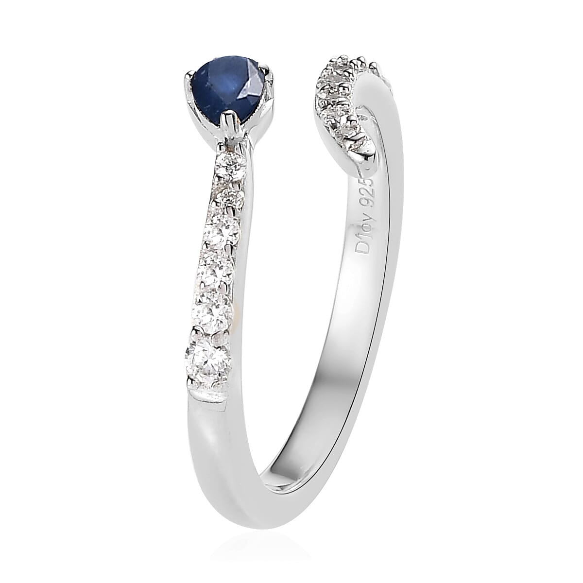 Kanchanaburi Blue Sapphire and Moissanite Bypass Snake Open Band Ring in Platinum Over Sterling Silver (Size 6.0) 0.40 ctw