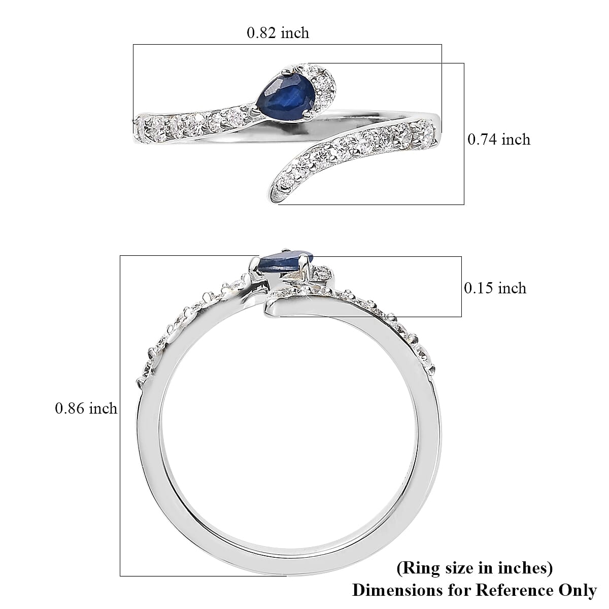 Kanchanaburi Blue Sapphire and Moissanite Bypass Snake Open Band Ring in Platinum Over Sterling Silver (Size 6.0) 0.40 ctw
