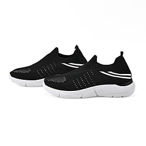 Black Comfortable Lightweight Slip-On Women Trainers Shoes With Breathable Knit Vent Non-Slip PVC Sole, All Day Casual Wear Stylish Sneakers (8-8.5 / 40)