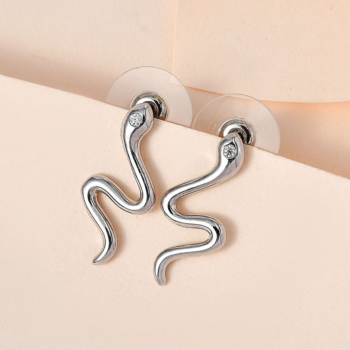 Moissanite Minimalist Snake Stud Earrings in Platinum Over Sterling Silver image number 1