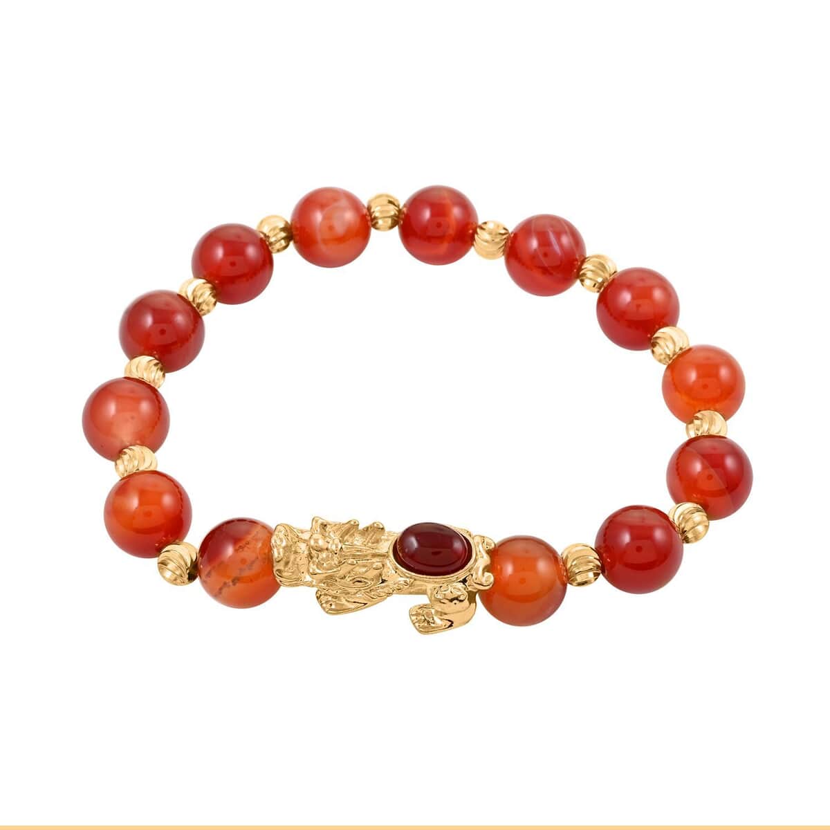 Pixiu Feng Shui Red Agate 9-10mm Beaded Bracelet in Goldtone (6.50-7.00In) 90.80 ctw image number 0