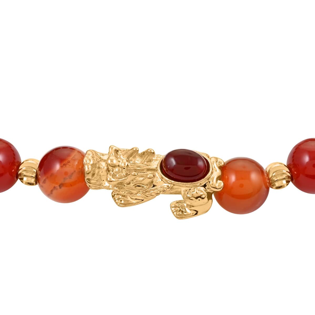 Pixiu Feng Shui Red Agate 9-10mm Beaded Bracelet in Goldtone (6.50-7.00In) 90.80 ctw image number 2