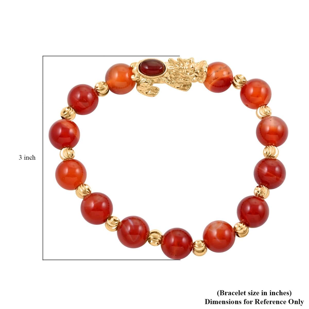 Pixiu Feng Shui Red Agate 9-10mm Beaded Bracelet in Goldtone (6.50-7.00In) 90.80 ctw image number 3