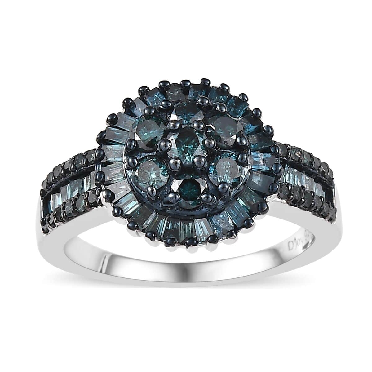Blue Diamond Cluster Ring in Platinum Over Sterling Silver (Size 10.0) 1.00 ctw image number 0