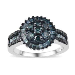 Blue Diamond Cluster Ring in Platinum Over Sterling Silver (Size 10.0) 1.00 ctw
