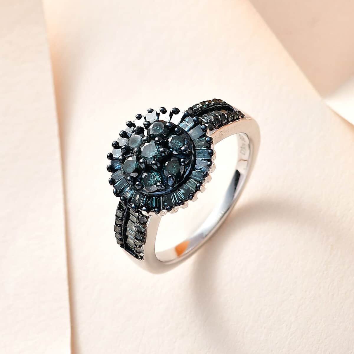 Blue Diamond Cluster Ring in Platinum Over Sterling Silver (Size 10.0) 1.00 ctw image number 1