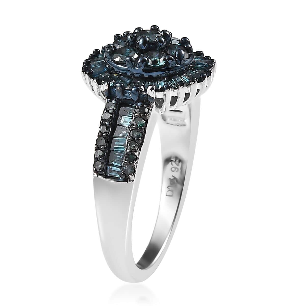 Blue Diamond Cluster Ring in Platinum Over Sterling Silver (Size 10.0) 1.00 ctw image number 3