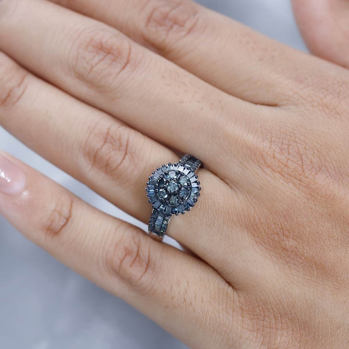 Blue Diamond Cluster Ring in Platinum Over Sterling Silver (Size 5.0) 1.00 ctw image number 2