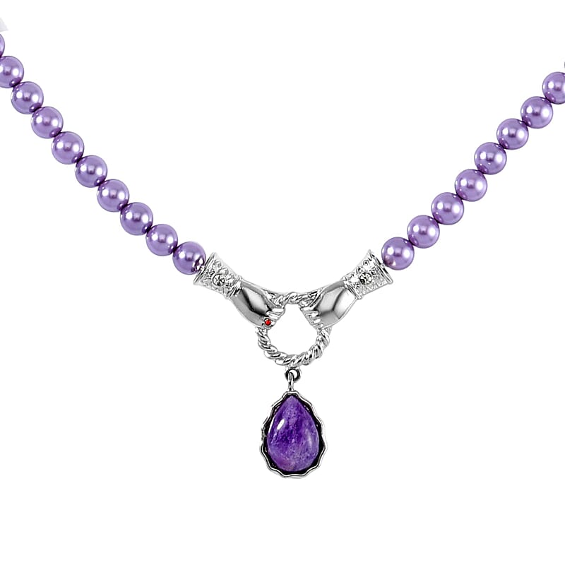 African Amethyst, Purple Shell Pearl, Red and White Austrian Crystal Necklace 24-26 Inches in Silvertone 4.00 ctw