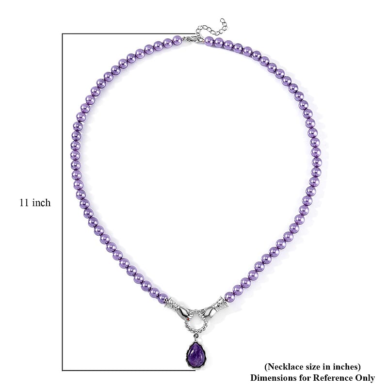 African Amethyst, Purple Shell Pearl, Red and White Austrian Crystal Necklace 24-26 Inches in Silvertone 4.00 ctw