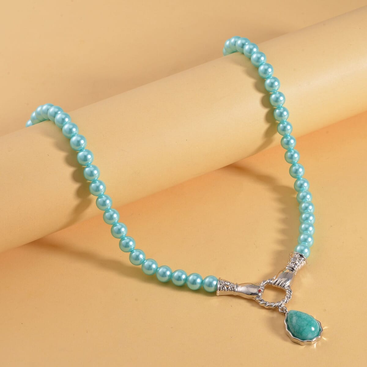 Amazonite 4.00 ctw, Sleeping Beauty Color Shell Pearl, Red and White Austrian Crystal Necklace in Silvertone  24-26 Inches image number 1