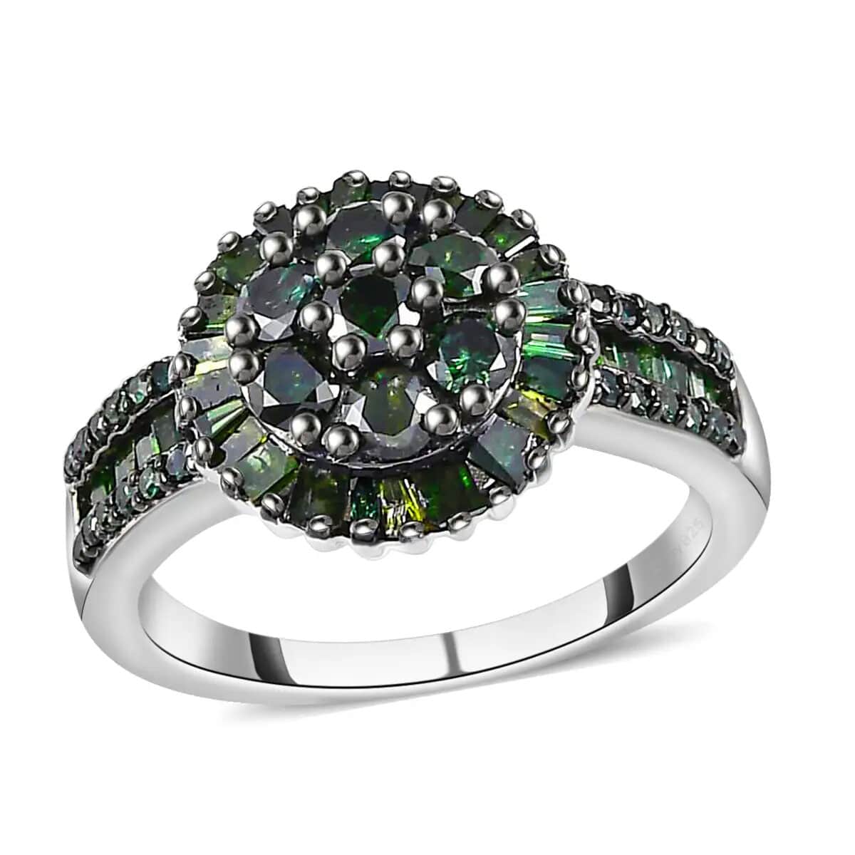 Green Diamond Cluster Ring, Platinum Over Sterling Silver Ring, Diamond Ring For Her 1.00 ctw image number 0