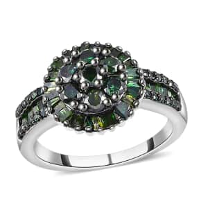 Green Diamond Cluster Ring, Platinum Over Sterling Silver Ring, Diamond Ring For Her 1.00 ctw