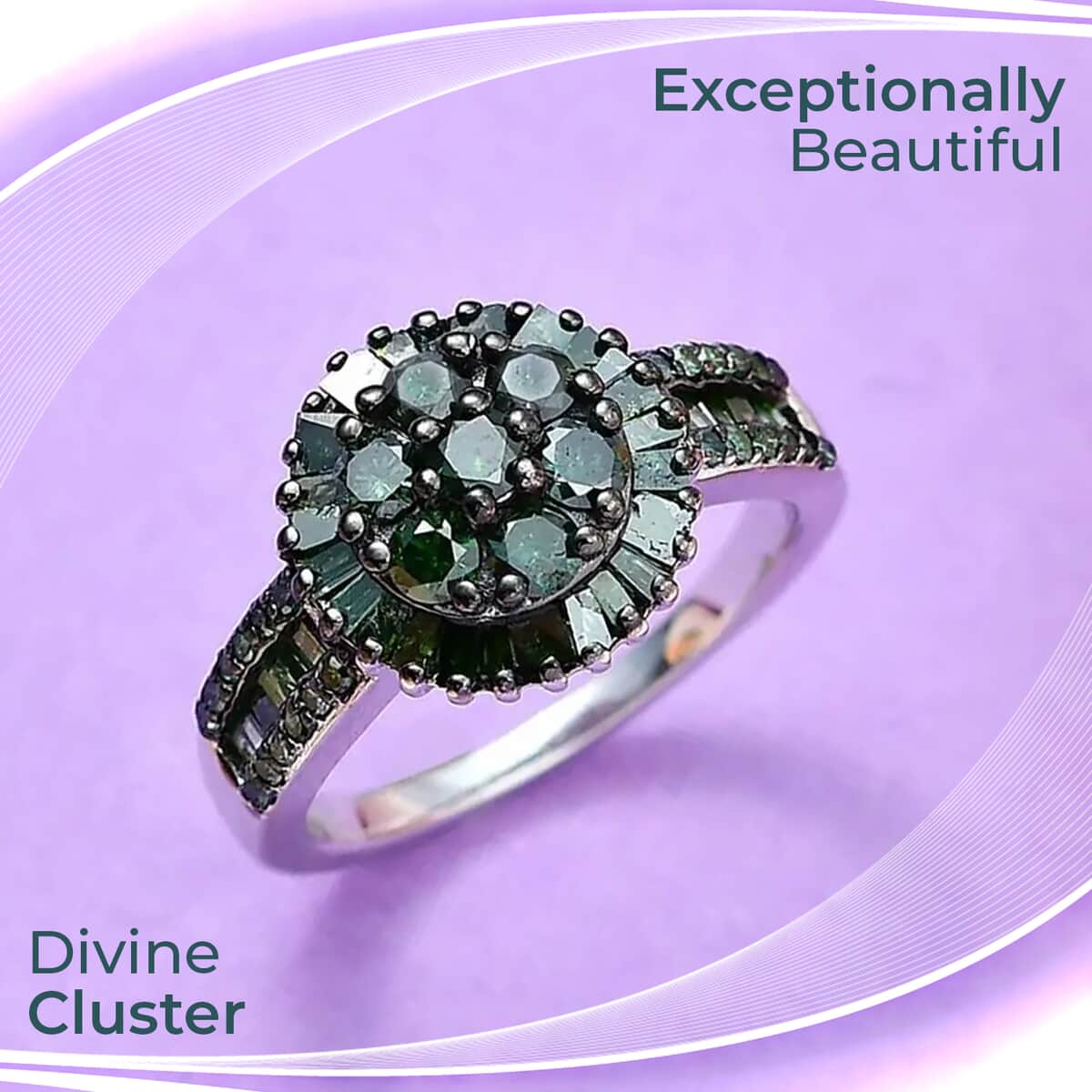 Green Diamond Cluster Ring, Platinum Over Sterling Silver Ring, Diamond Ring For Her 1.00 ctw image number 1