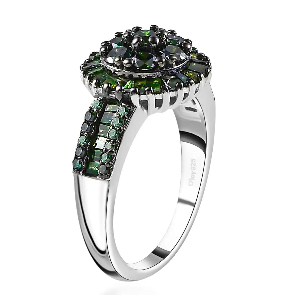 Green Diamond Cluster Ring, Platinum Over Sterling Silver Ring, Diamond Ring For Her 1.00 ctw image number 4