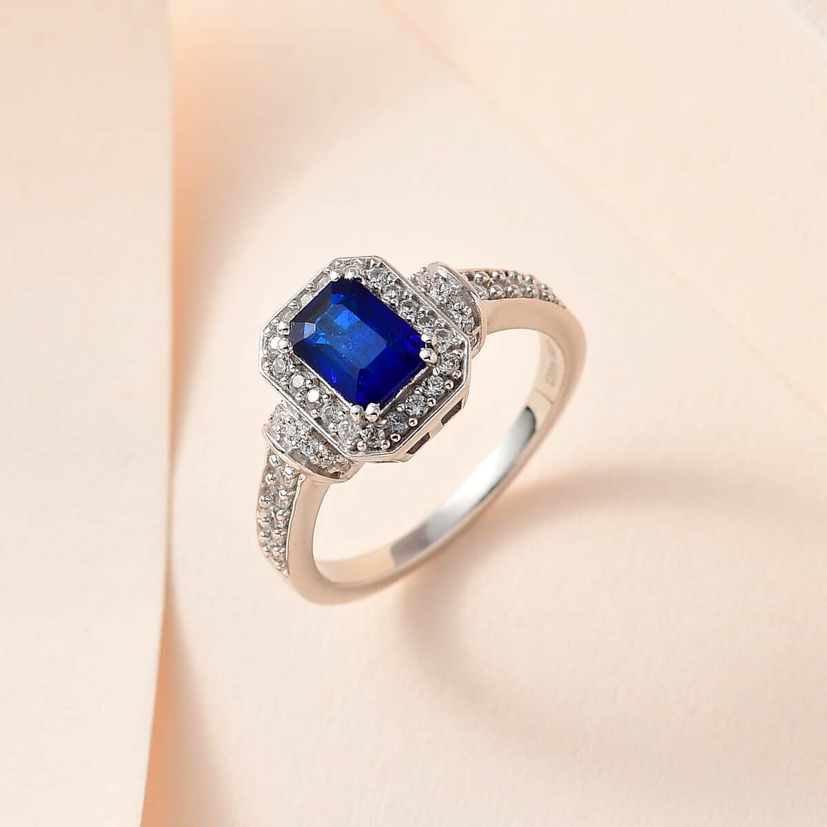 Tanzanian Blue Spinel (DF) and White Zircon Ring in Platinum Over Sterling Silver 1.70 ctw image number 1