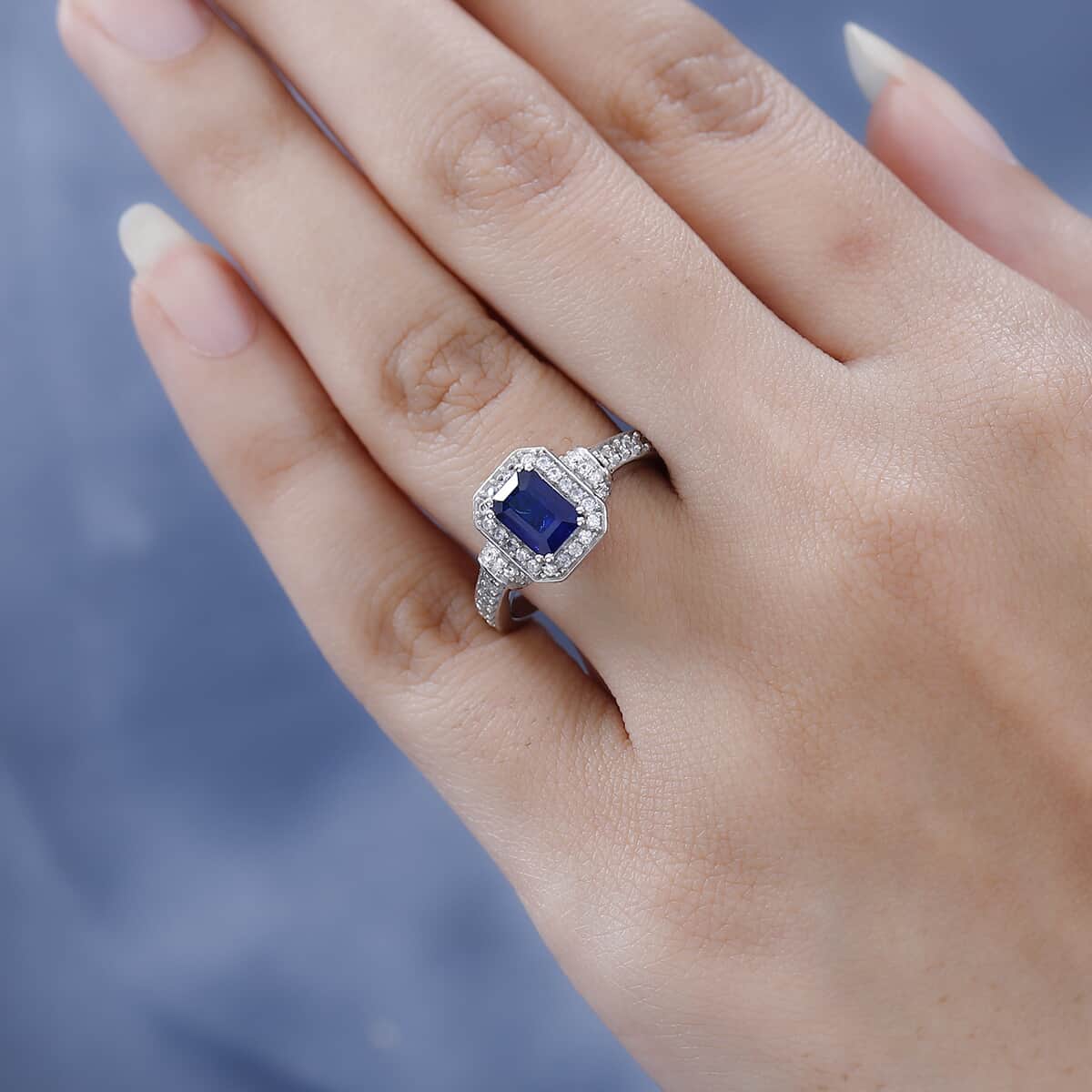 Tanzanian Blue Spinel (DF) and White Zircon Ring in Platinum Over Sterling Silver 1.70 ctw image number 2