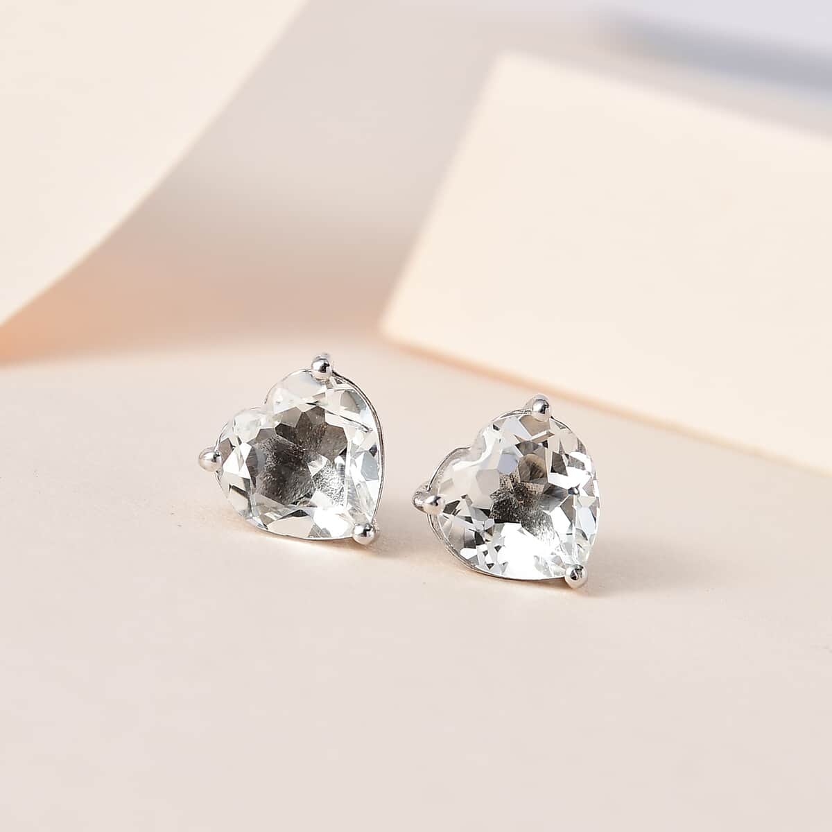 Mother’s Day Gift White Topaz Heart Solitaire Stud Earrings in Platinum Over Sterling Silver 5.40 ctw image number 1