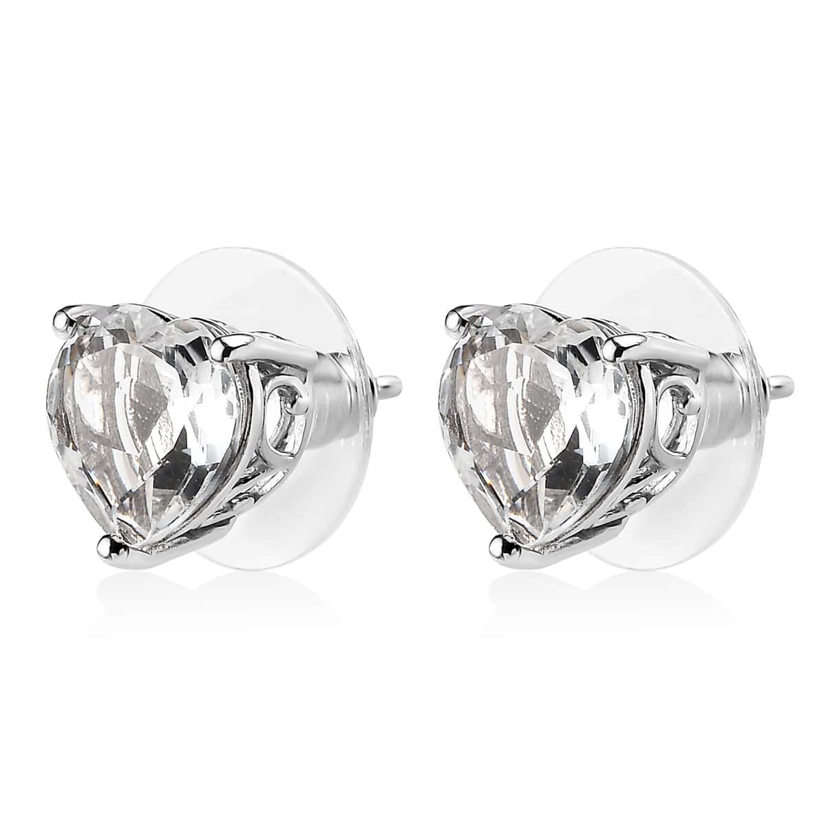 Mother’s Day Gift White Topaz Heart Solitaire Stud Earrings in Platinum Over Sterling Silver 5.40 ctw image number 3