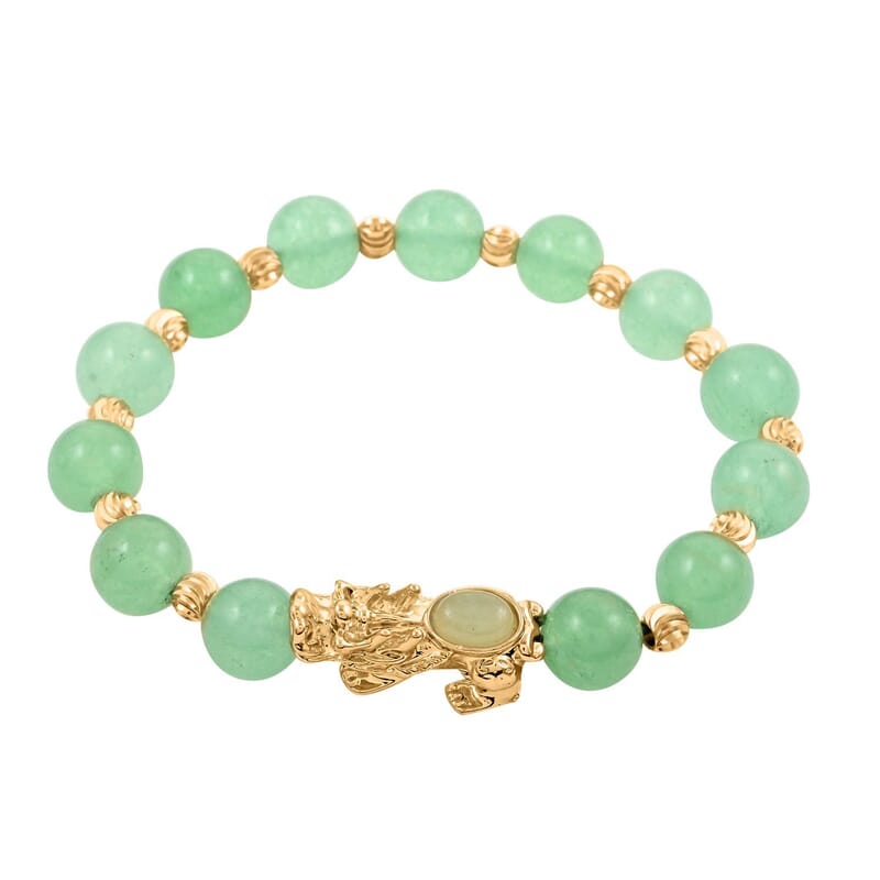 Pixiu Feng Shui Green Aventurine 90.95 ctw Beaded Bracelet in Goldtone (6.50-7.00In)