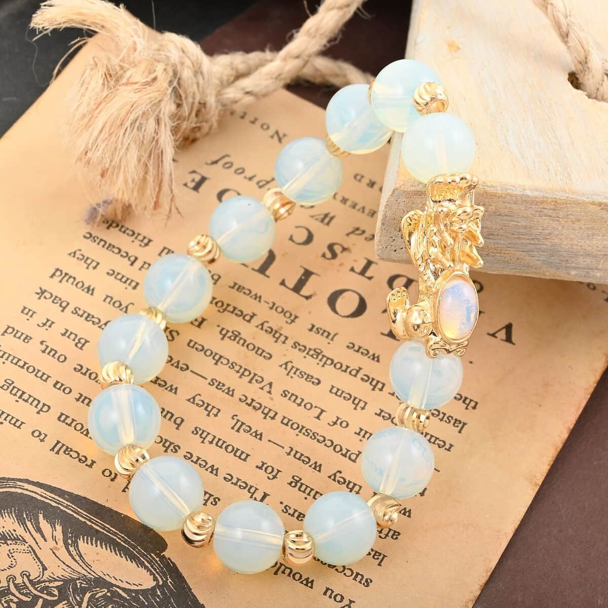 Pixiu Feng Shui Opalite 9-10mm 94.65 ctw Beaded Bracelet in Goldtone (6.50-7.00In) image number 1