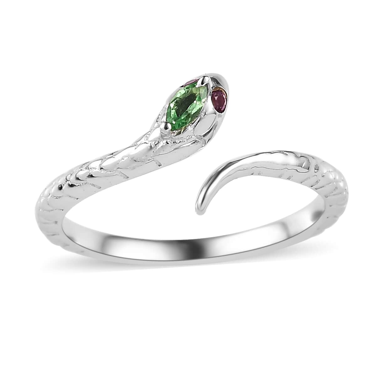 Niassa Ruby (FF) and Tsavorite Garnet Snake Ring in Platinum Over Sterling Silver 0.12 ctw image number 0