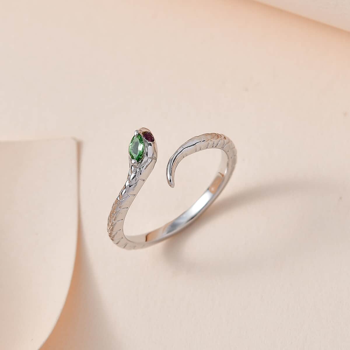 Niassa Ruby (FF) and Tsavorite Garnet Snake Ring in Platinum Over Sterling Silver 0.12 ctw image number 1