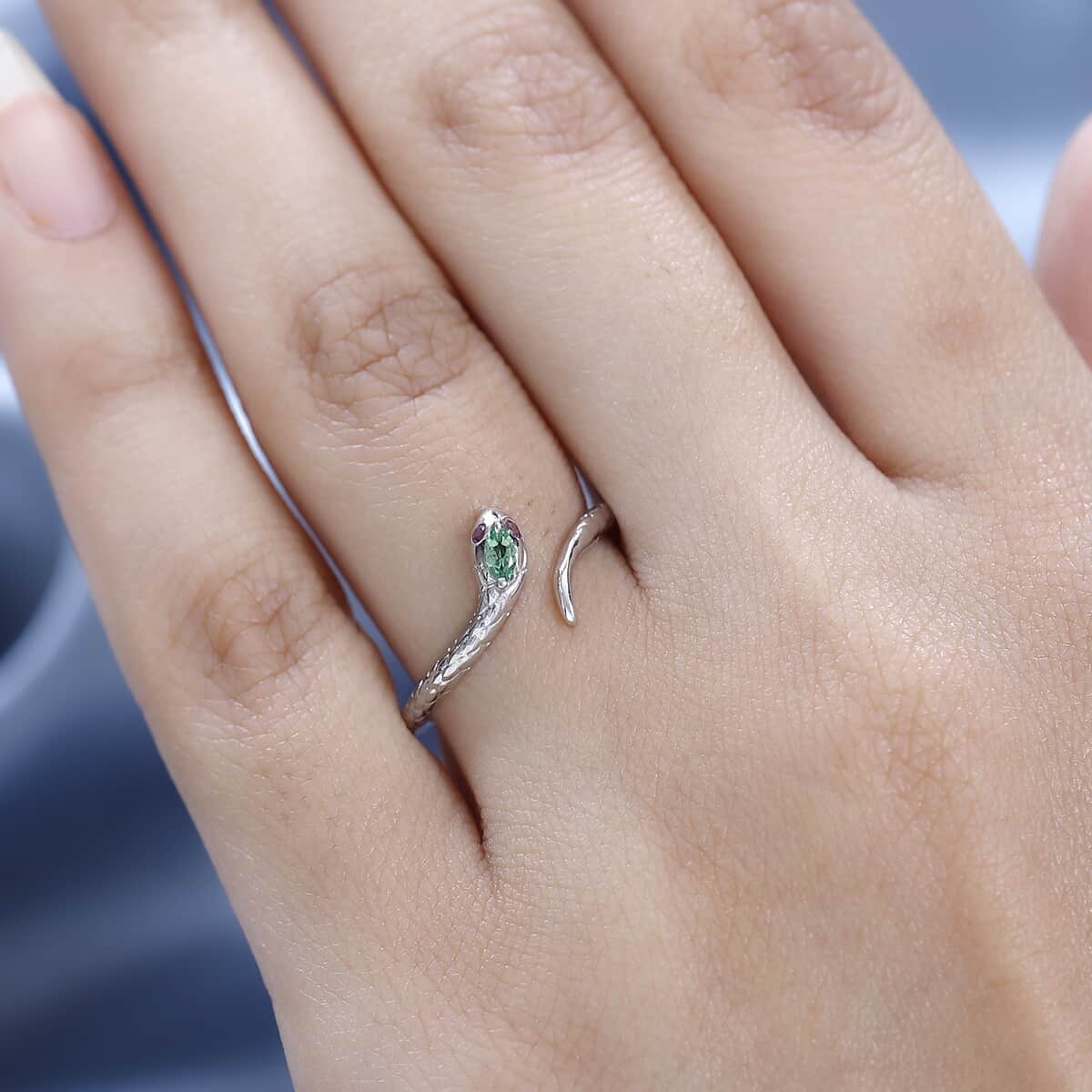 Niassa Ruby (FF) and Tsavorite Garnet Snake Ring in Platinum Over Sterling Silver 0.12 ctw image number 2