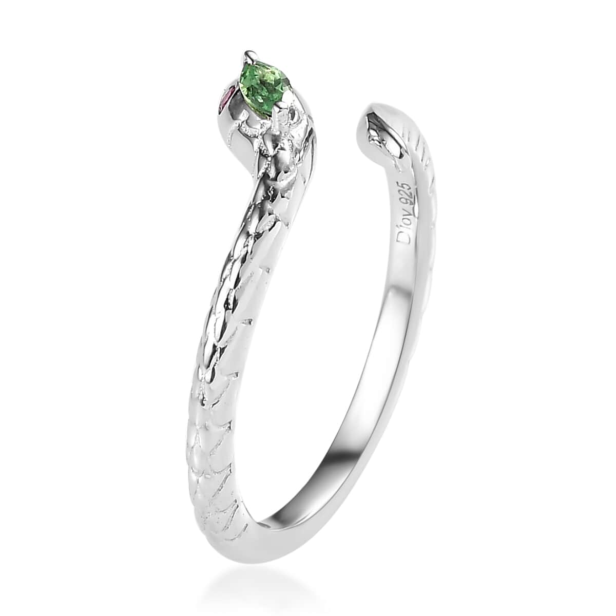 Niassa Ruby (FF) and Tsavorite Garnet Snake Ring in Platinum Over Sterling Silver 0.12 ctw image number 3