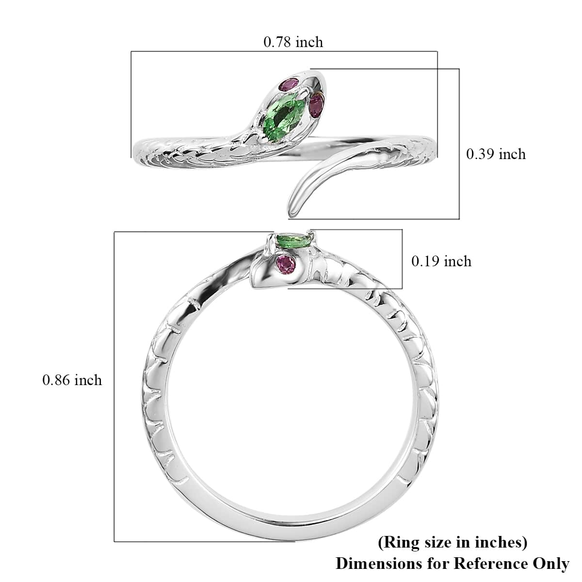 Niassa Ruby (FF) and Tsavorite Garnet Snake Ring in Platinum Over Sterling Silver 0.12 ctw image number 5