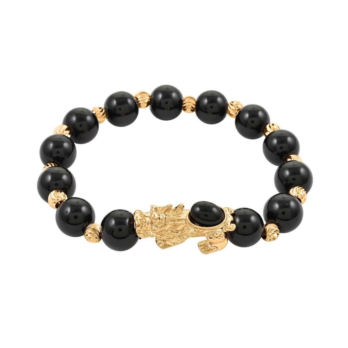 Pixiu Feng Shui Black Obsidian 9-10mm 83.10 ctw Beaded Bracelet in Goldtone (6.50-7.00In) image number 0