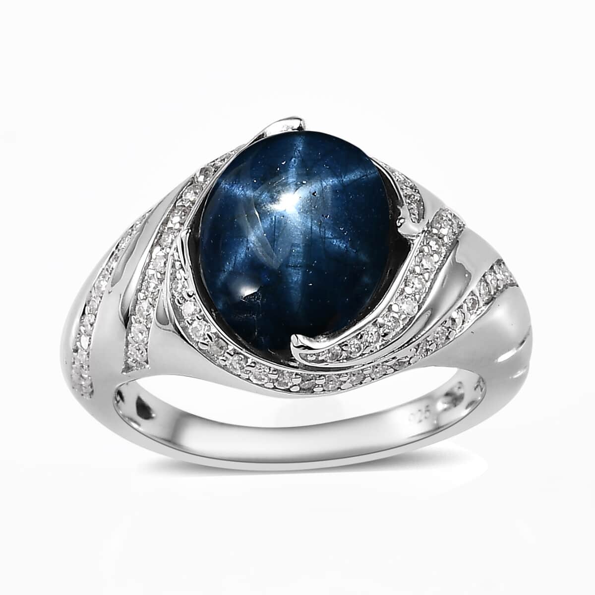 Blue Star Sapphire (DF) and Moissanite Ring in Platinum Over Sterling Silver 6.65 ctw image number 0