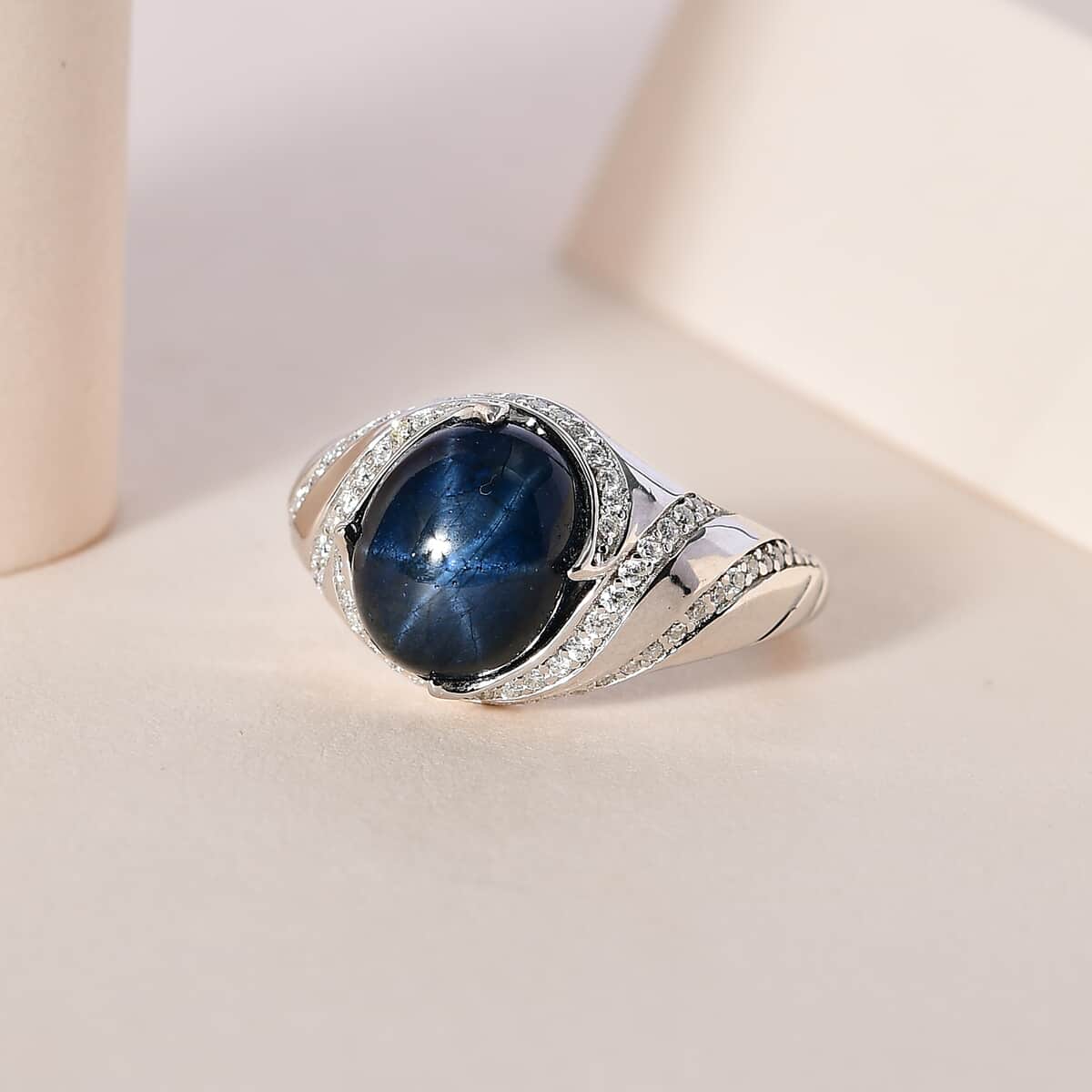 Blue Star Sapphire (DF) and Moissanite Ring in Platinum Over Sterling Silver 6.65 ctw image number 1