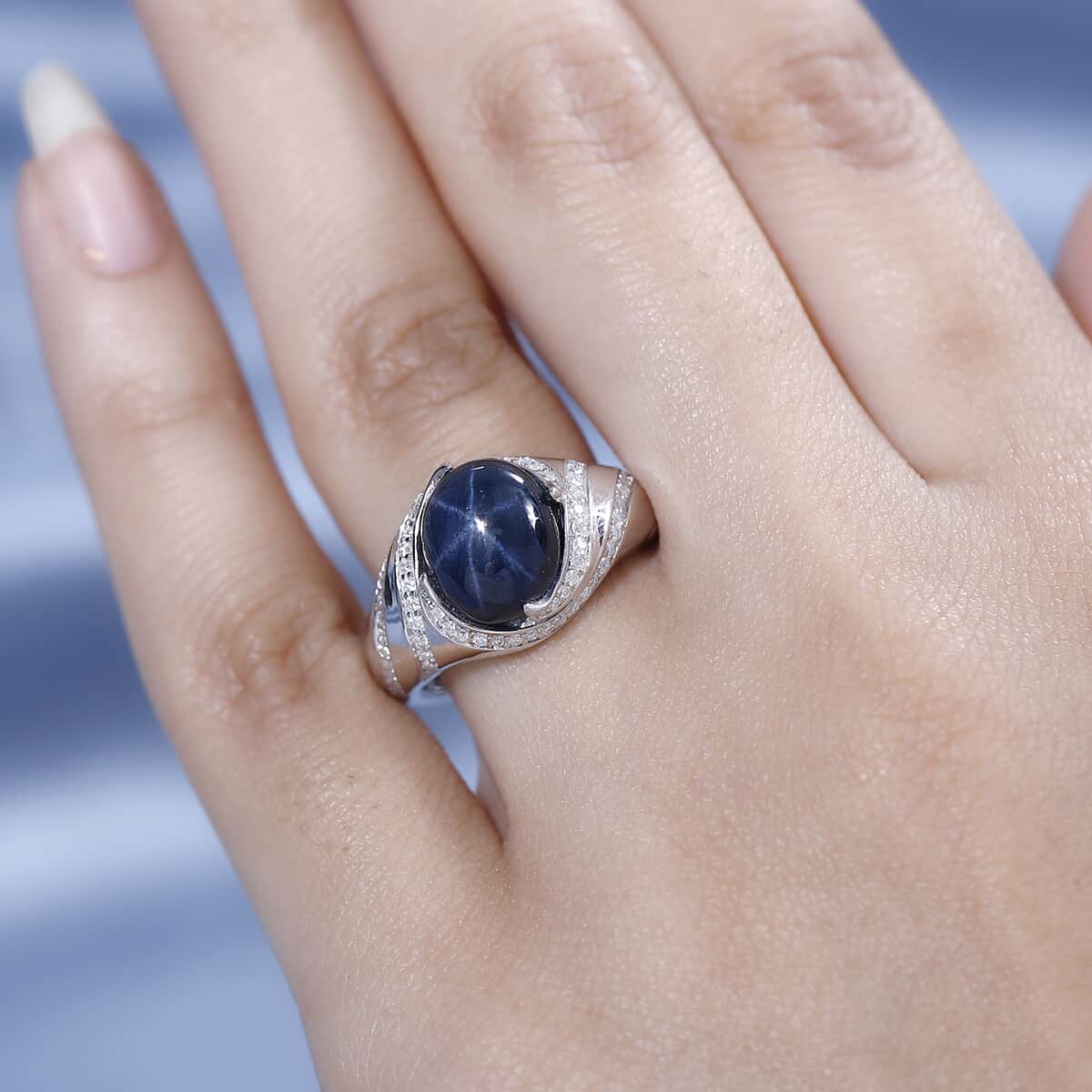 Blue Star Sapphire (DF) and Moissanite Ring in Platinum Over Sterling Silver 6.65 ctw image number 2