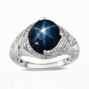 Blue Star Sapphire (DF) and Moissanite Ring in Platinum Over Sterling Silver (Size 7.0) 6.65 ctw