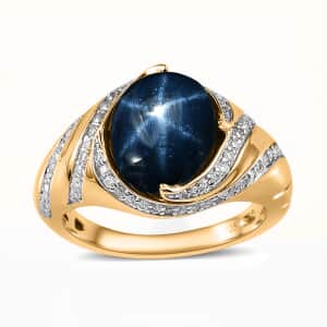 Blue Star Sapphire (DF) and Moissanite Ring in Vermeil Yellow Gold Over Sterling Silver (Size 9.0) 6.65 ctw