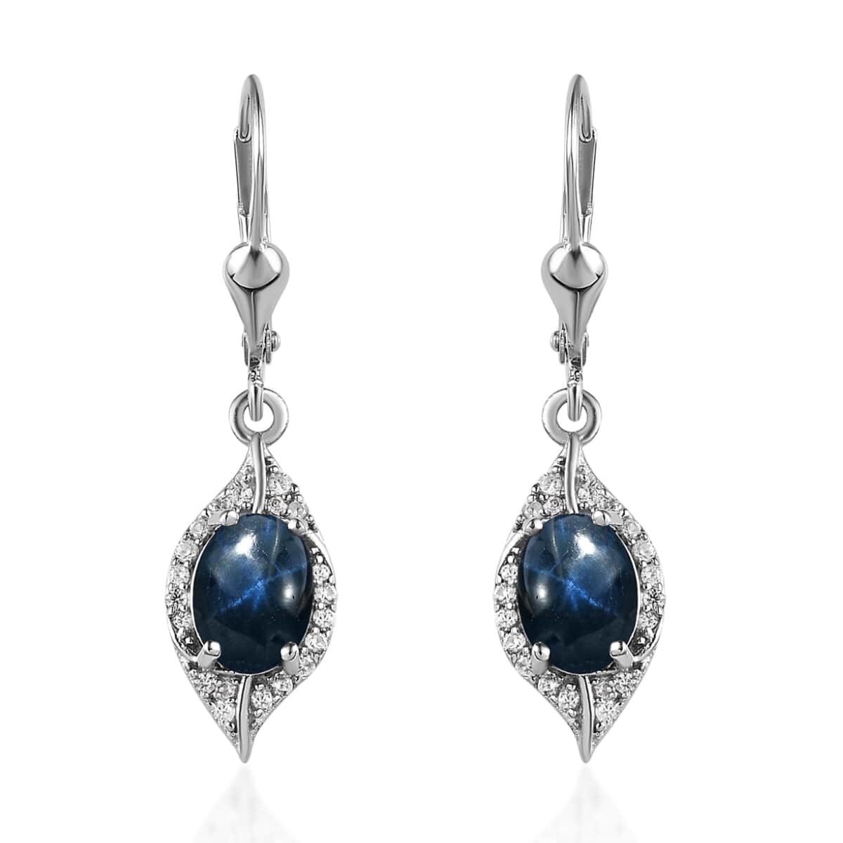 Blue Star Sapphire (DF) and White Zircon Dangling Earrings in Platinum Over Sterling Silver 4.65 ctw image number 0