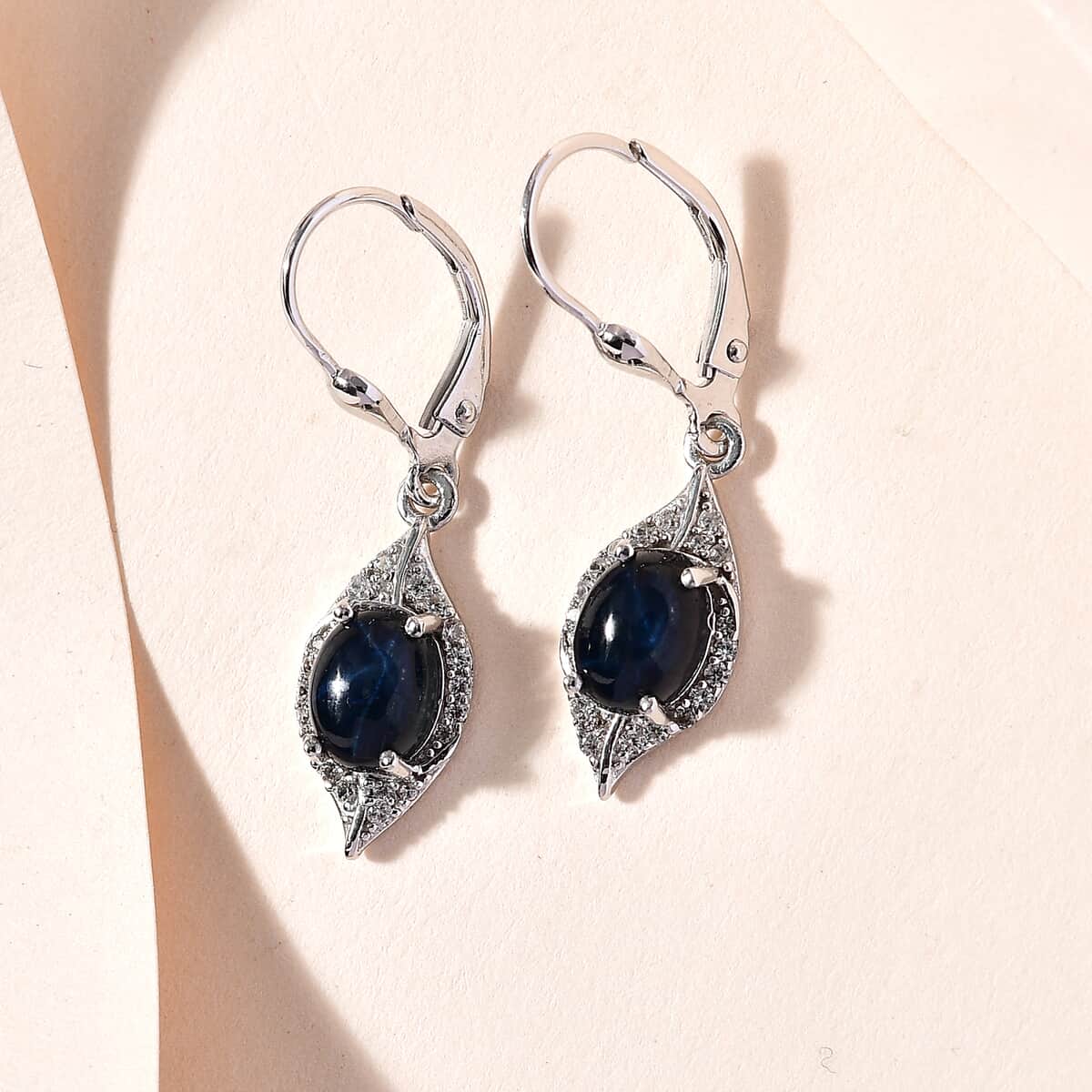 Blue Star Sapphire (DF) and White Zircon Dangling Earrings in Platinum Over Sterling Silver 4.65 ctw image number 1