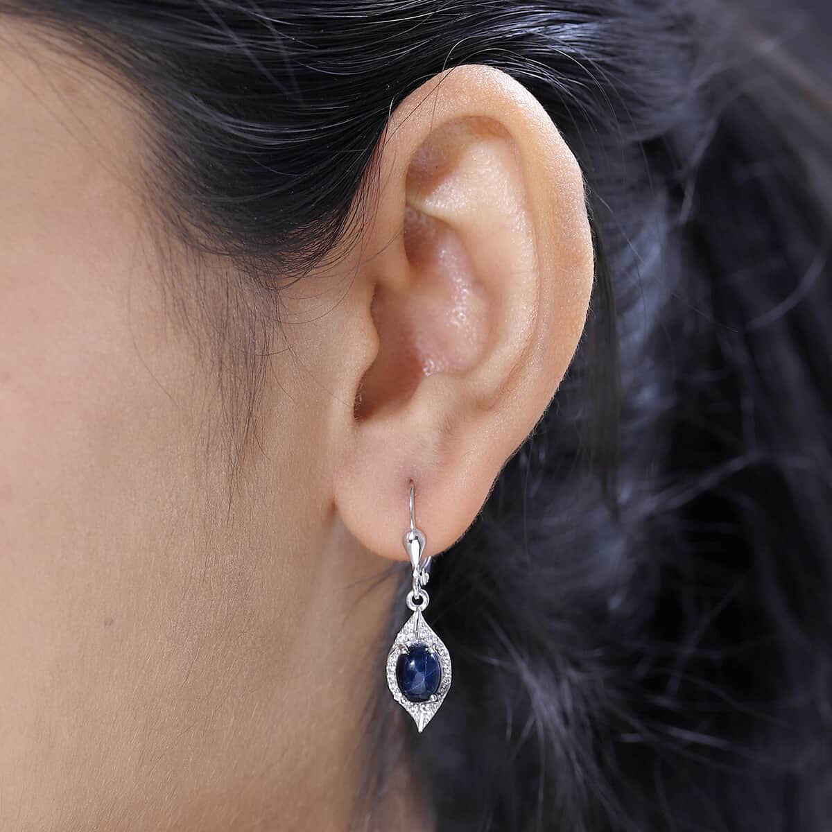 Blue Star Sapphire (DF) and White Zircon Dangling Earrings in Platinum Over Sterling Silver 4.65 ctw image number 2