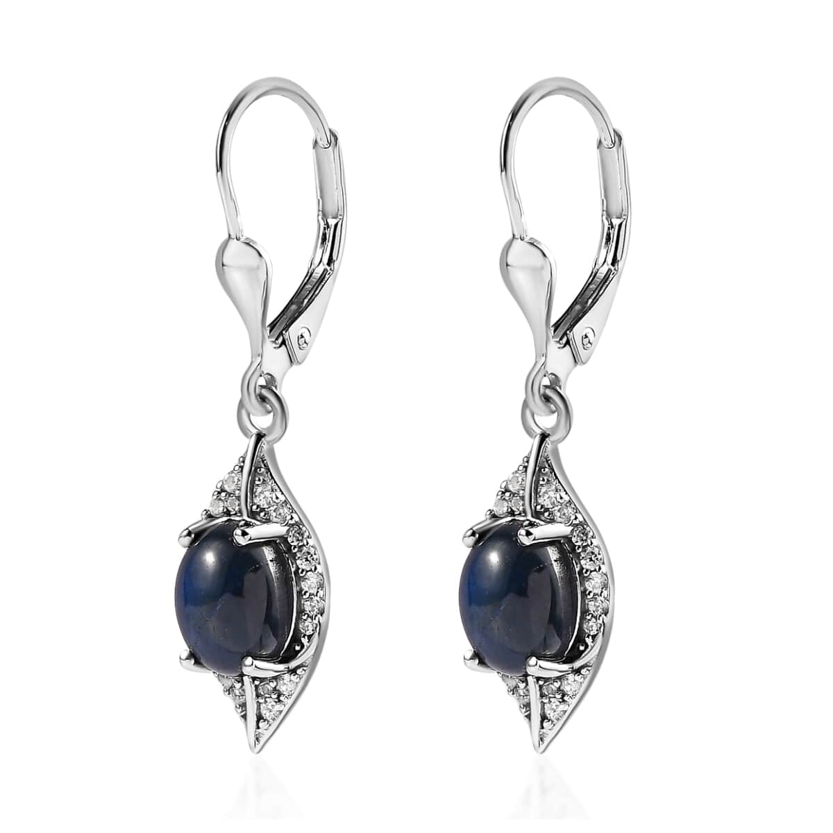 Blue Star Sapphire (DF) and White Zircon Dangling Earrings in Platinum Over Sterling Silver 4.65 ctw image number 3