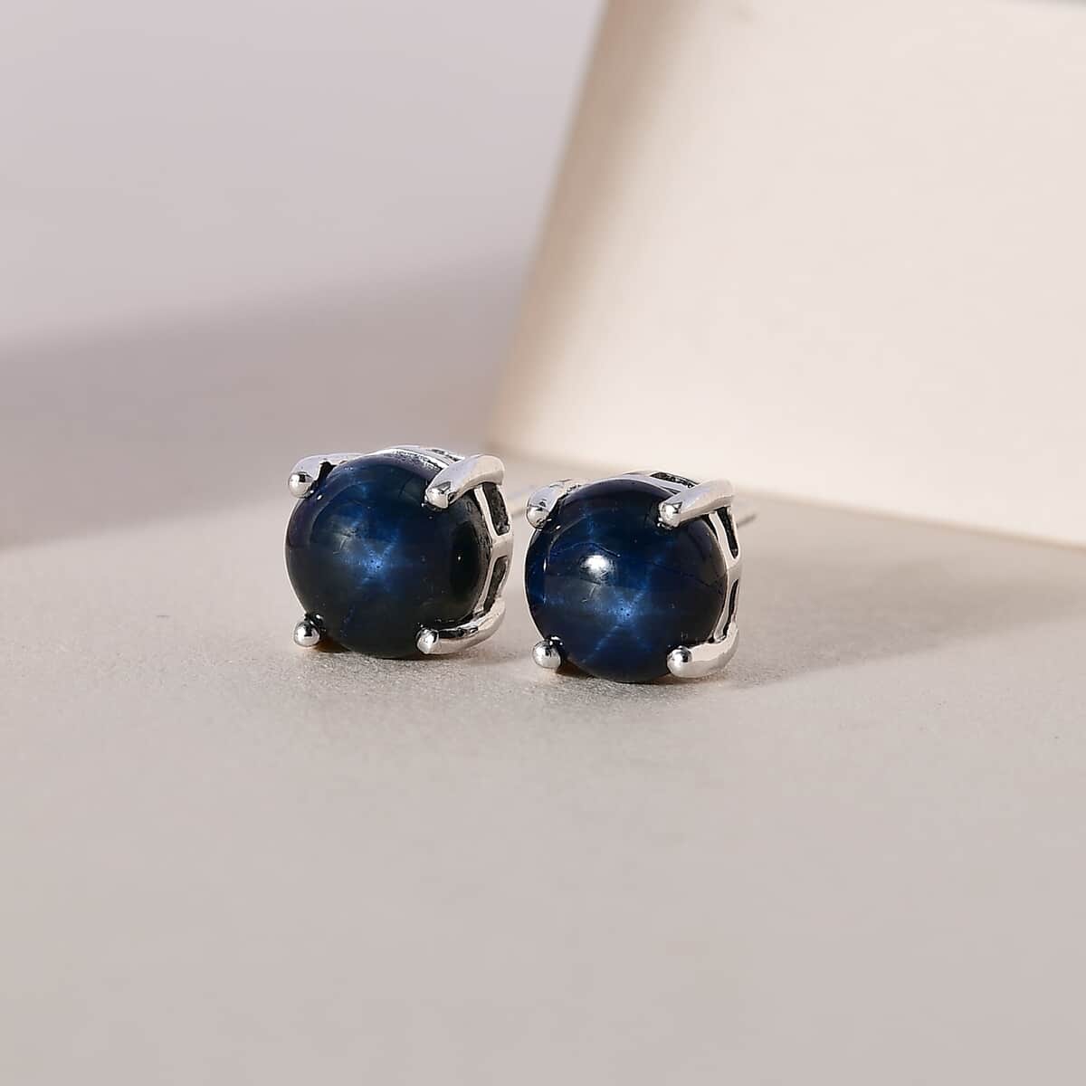 Blue Star Sapphire (DF) Solitaire Stud Earrings in Platinum Over Sterling Silver 4.50 ctw image number 1